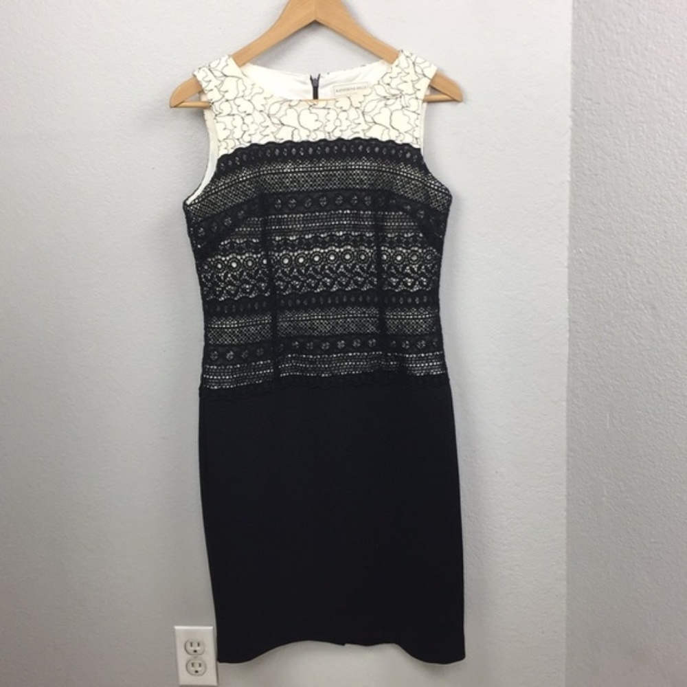 Katherine Kelly black and white lace corset bodice sleeveless shift dress
